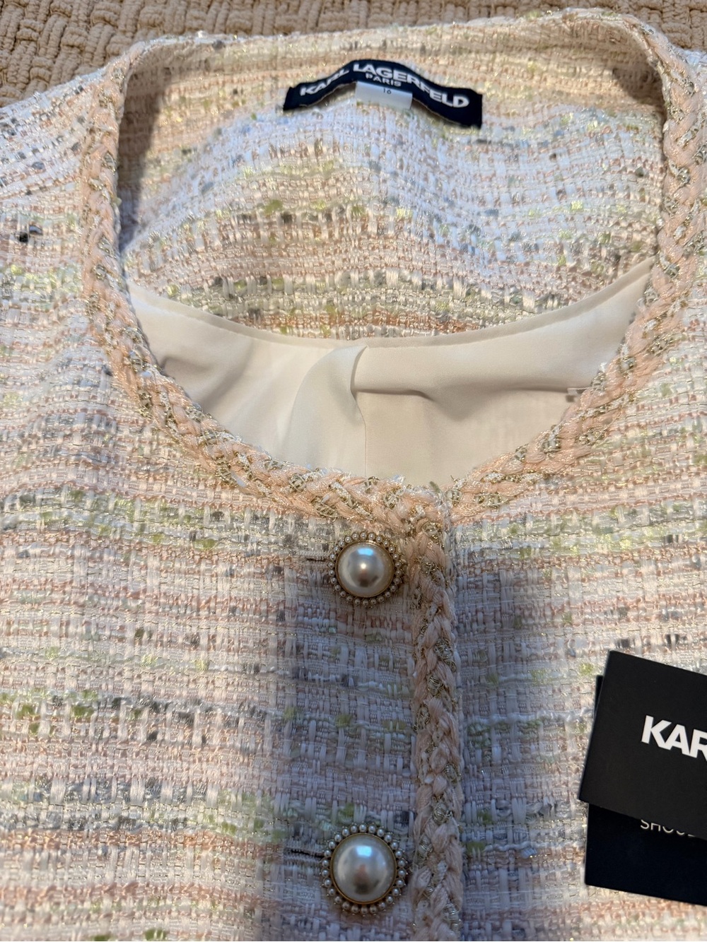 NWT Karl Lagerfeld Women’s Tweed Dress Jacket Pink and Cream with Pastel Accents - Picture 3 of 4